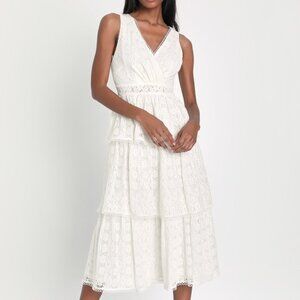 Lulus Tier To Celebrate White Lace Tiered Surplice Midi Dress - Size L